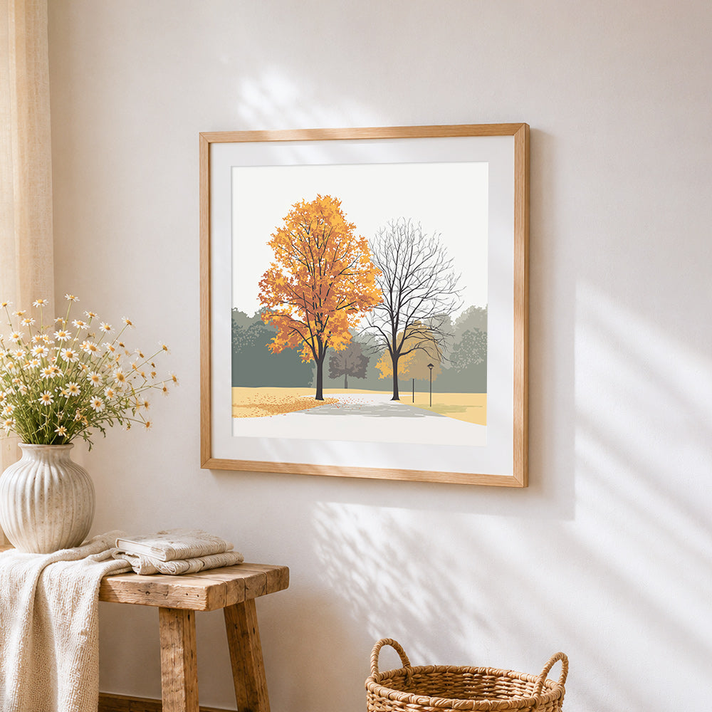 Minimalist autumn trees cross stitch artwork displayed on wall as home decor