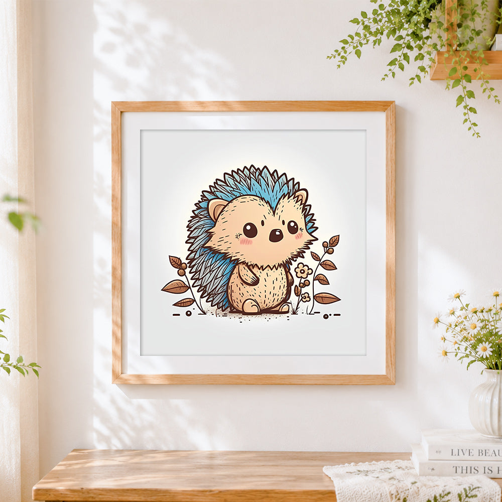Finished minimalist blue hedgehog cross stitch artwork displayed