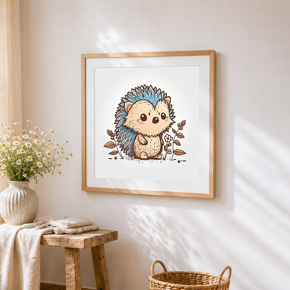 Minimalist blue hedgehog cross stitch artwork displayed on wall as home decor