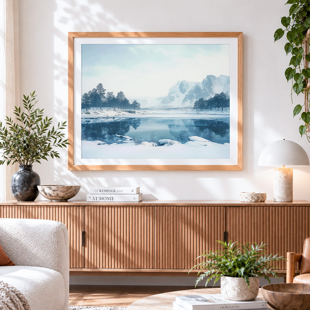 Finished minimalist blue mountain lake paint by numbers artwork displayed as home decor