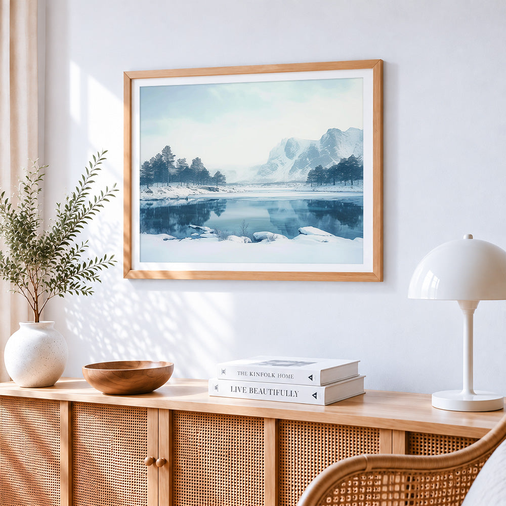 Minimalist blue mountain lake paint by numbers artwork displayed on wall as home decor