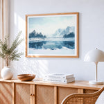 Minimalist blue mountain lake paint by numbers artwork displayed on wall as home decor