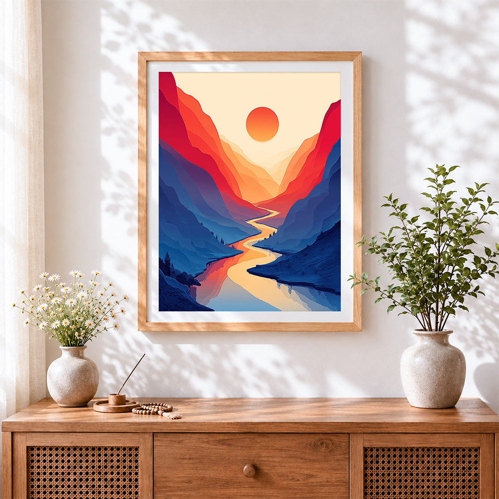 Finished minimalist canyon and red sun cross stitch artwork displayed