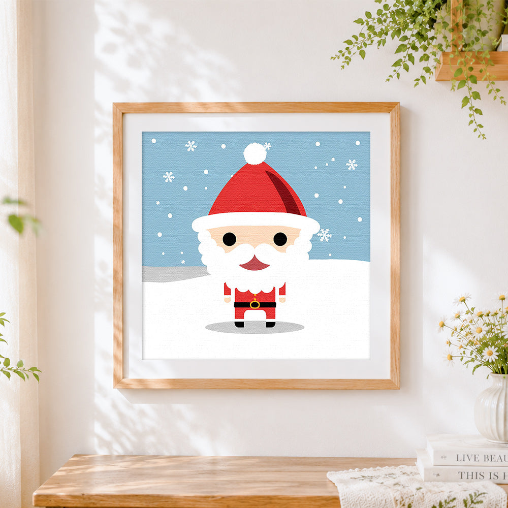 Finished minimalist cartoon santa claus cross stitch artwork displayed