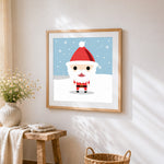 Minimalist cartoon santa claus cross stitch artwork displayed on wall as home decor