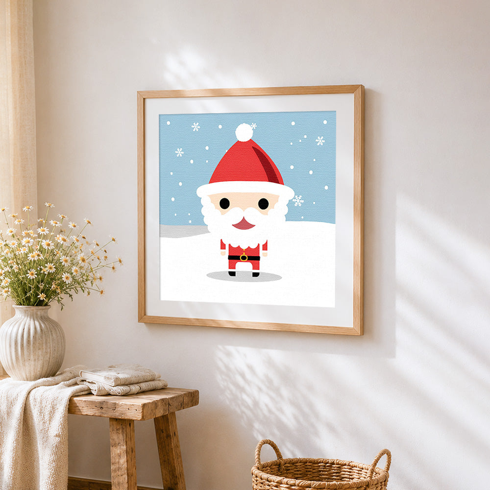 Minimalist cartoon santa claus paint by numbers artwork displayed on wall as home decor