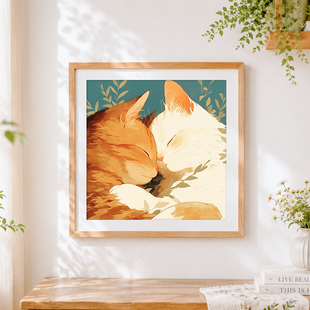 Finished minimalist cuddling cats illustration cross stitch artwork displayed