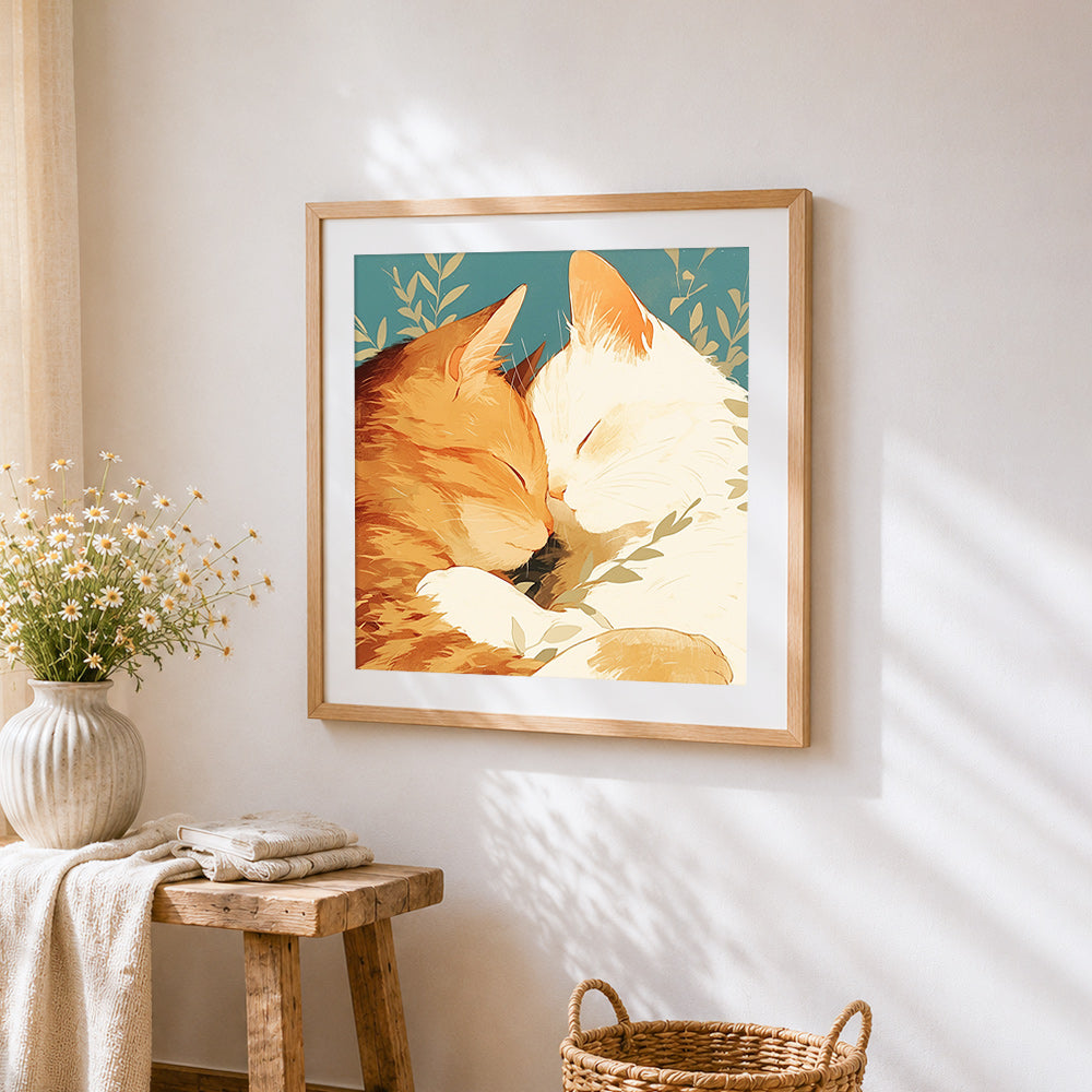Minimalist cuddling cats illustration cross stitch artwork displayed on wall as home decor