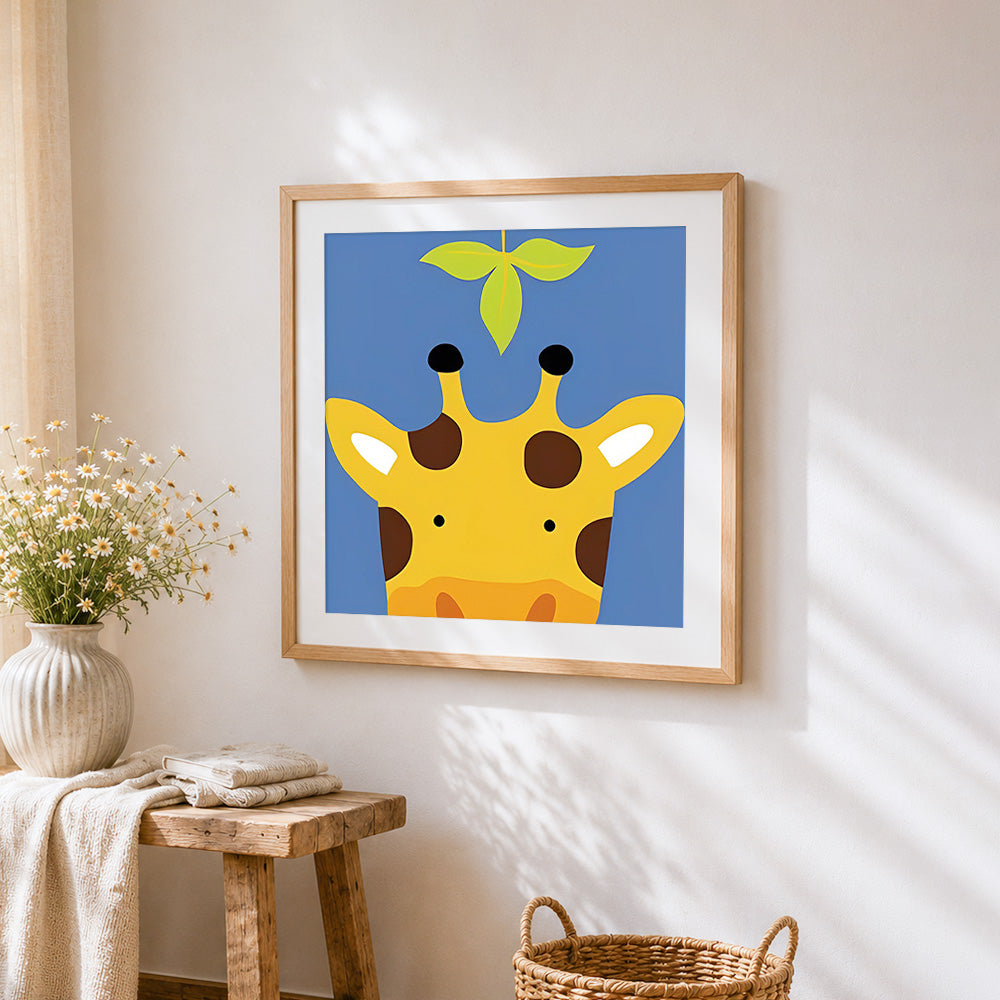 Minimalist cute giraffe cross stitch artwork displayed on wall as home decor