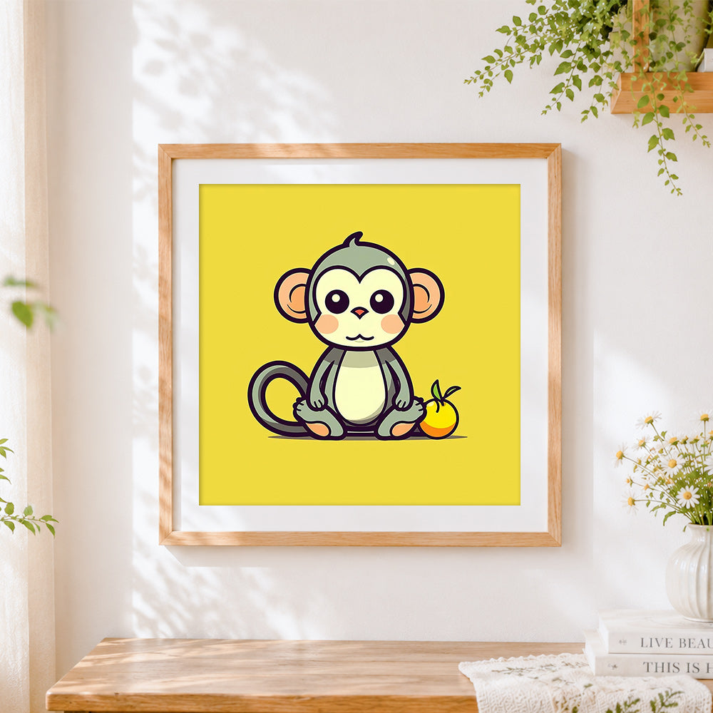 Finished minimalist cute monkey cross stitch artwork displayed
