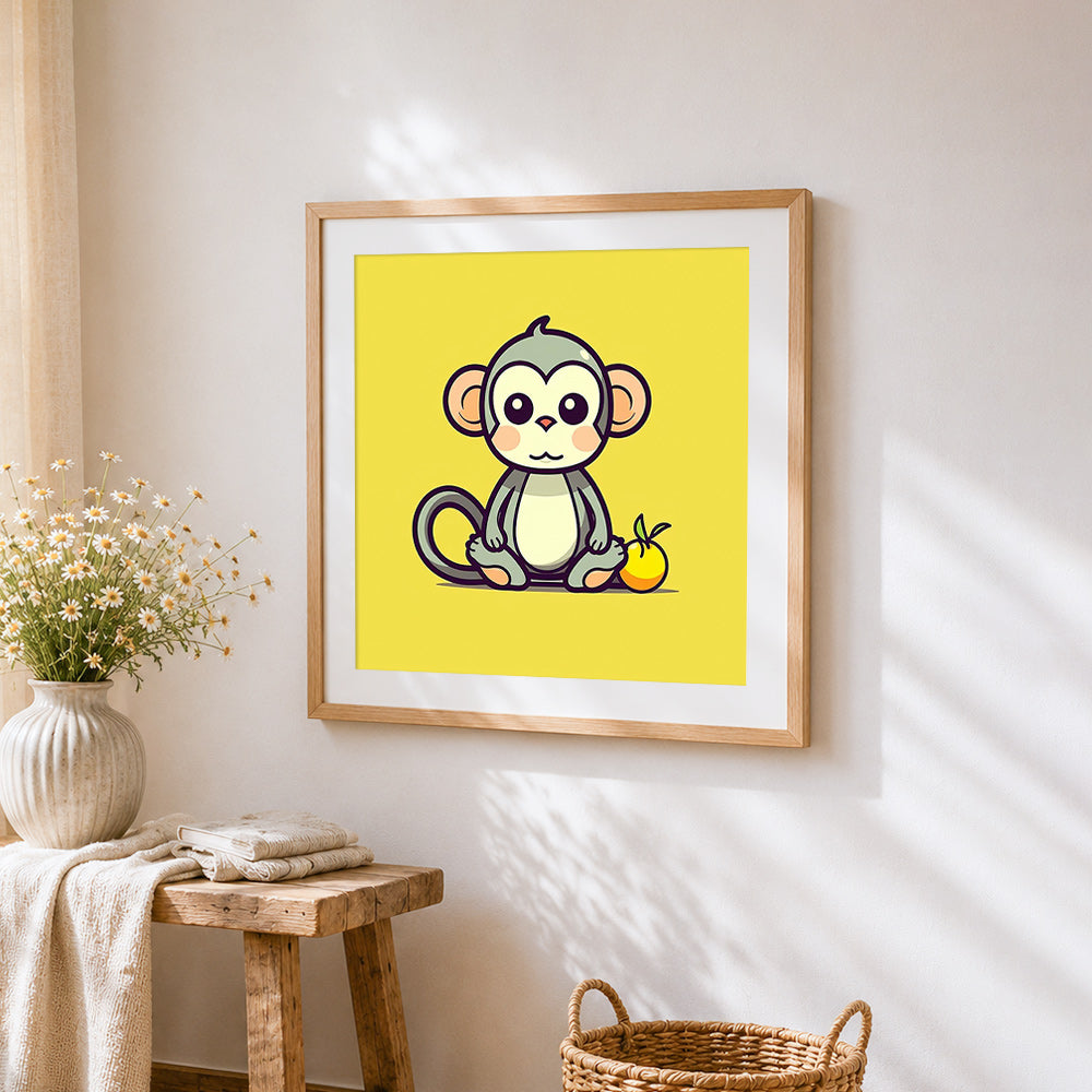 Minimalist cute monkey cross stitch artwork displayed on wall as home decor