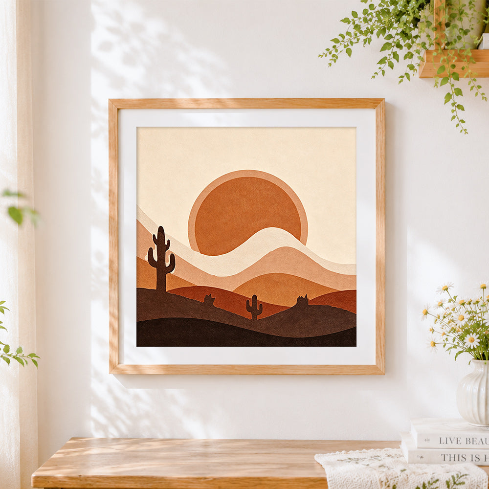 Finished minimalist desert sunset and cactus cross stitch artwork displayed