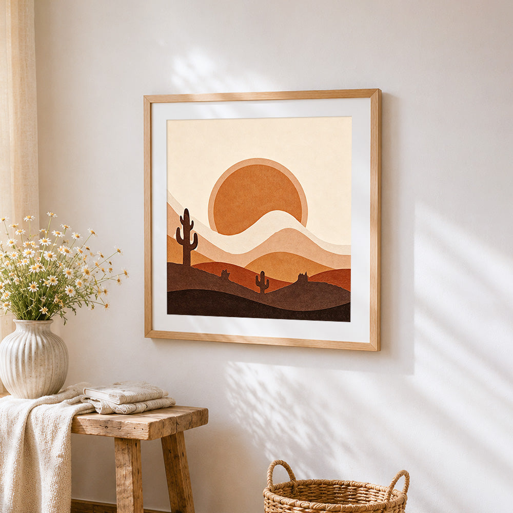 Minimalist desert sunset and cactus cross stitch artwork displayed on wall as home decor