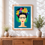 Finished minimalist frida kahlo illustration cross stitch artwork displayed