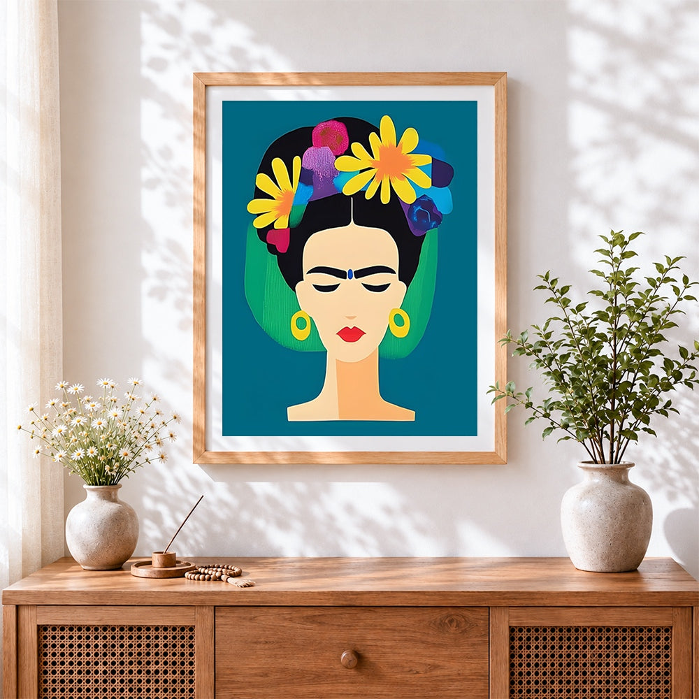 Finished minimalist frida kahlo illustration cross stitch artwork displayed