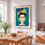 Minimalist frida kahlo illustration cross stitch artwork displayed on wall as home decor