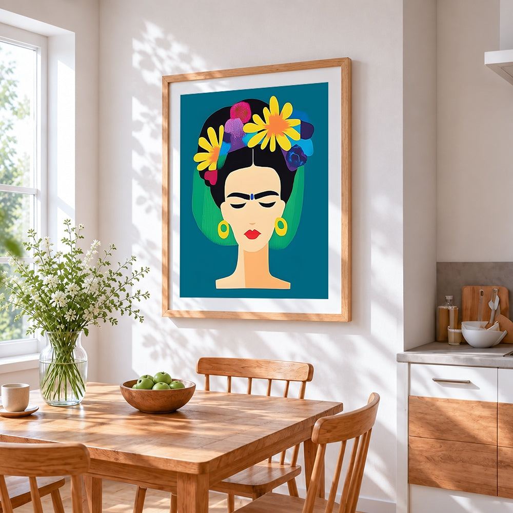 Minimalist frida kahlo illustration cross stitch artwork displayed on wall as home decor