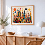 Minimalist geometric city cross stitch artwork displayed on wall as home decor