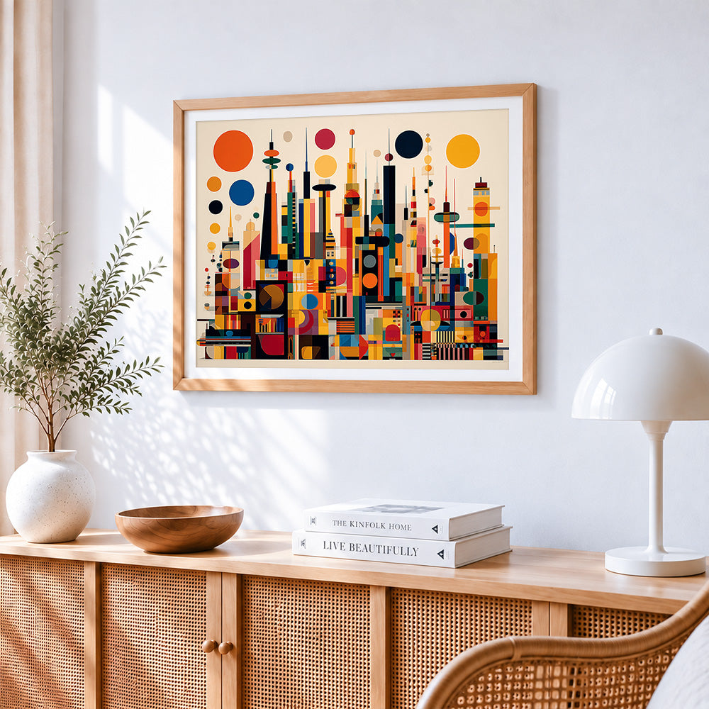 Minimalist geometric city cross stitch artwork displayed on wall as home decor