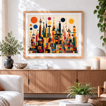 Finished minimalist geometric city paint by numbers artwork displayed as home decor