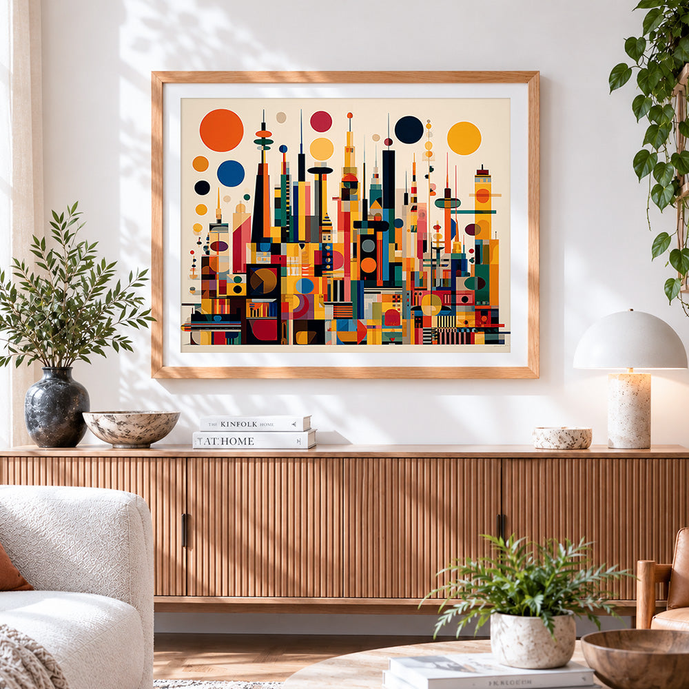 Finished minimalist geometric city paint by numbers artwork displayed as home decor