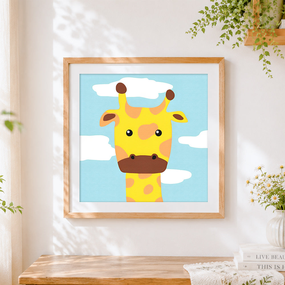 Finished minimalist giraffe face cross stitch artwork displayed