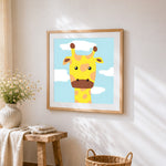 Minimalist giraffe face cross stitch artwork displayed on wall as home decor