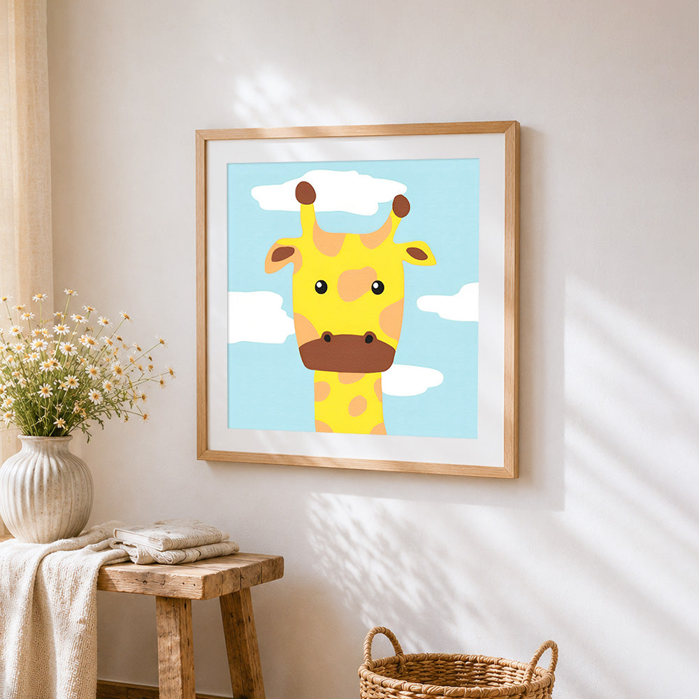 Minimalist giraffe face cross stitch artwork displayed on wall as home decor