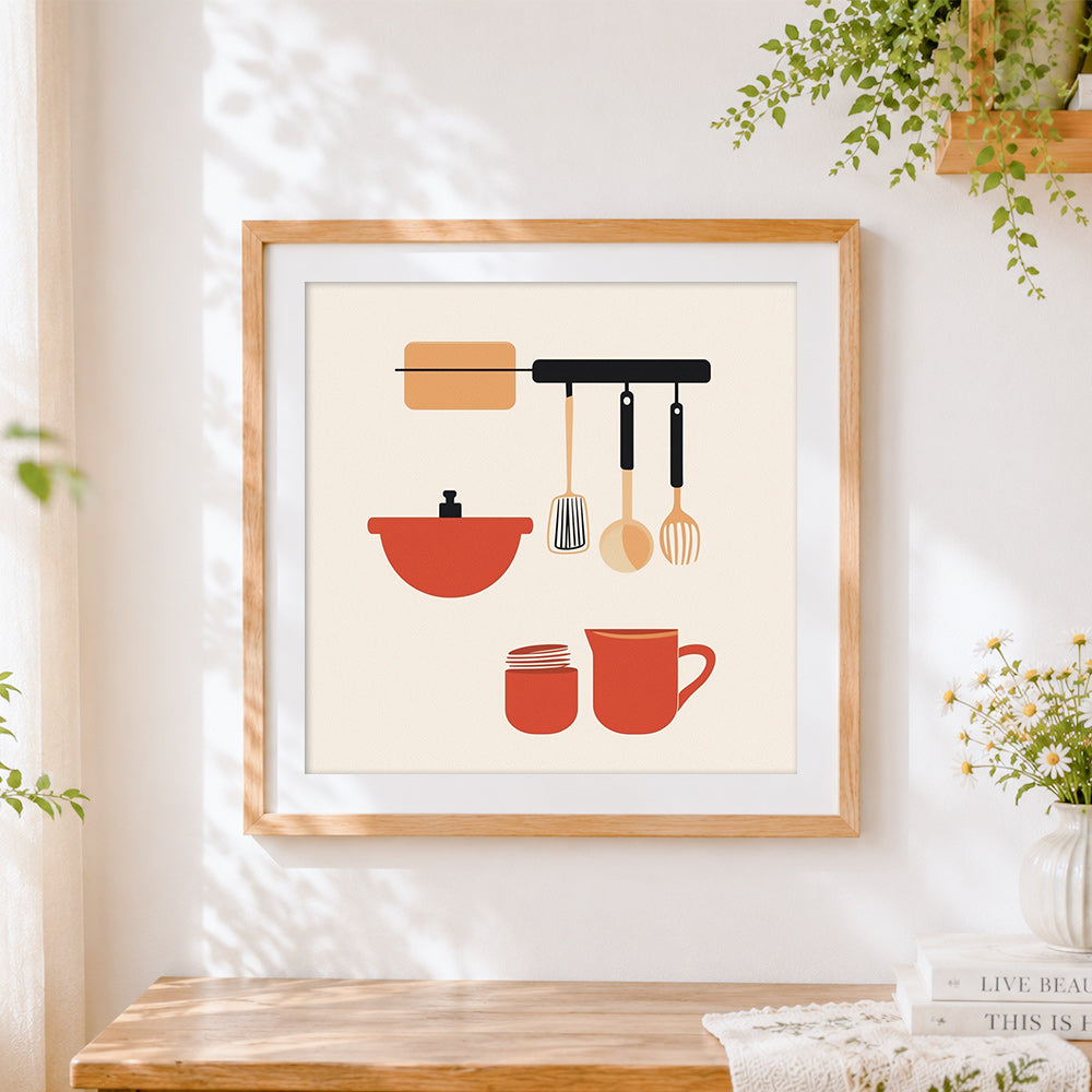 Finished minimalist hanging kitchenware cross stitch artwork displayed