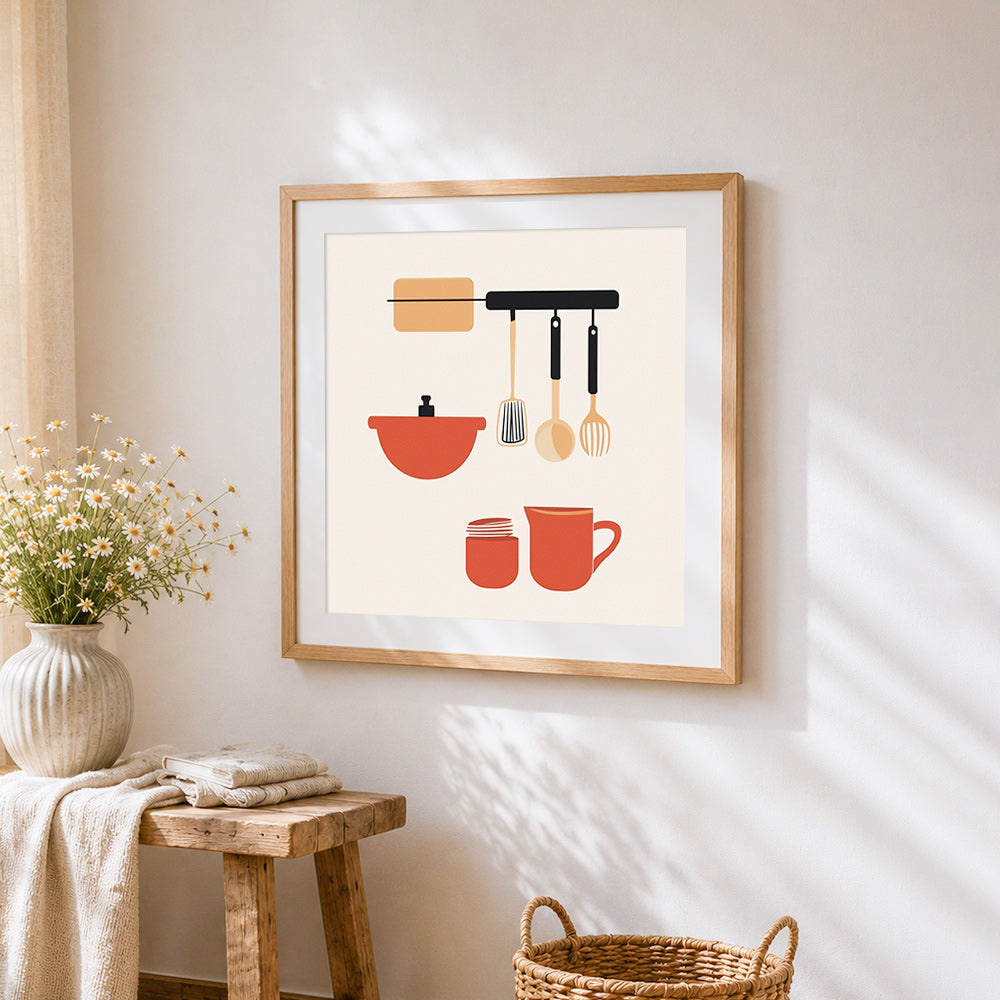 Minimalist hanging kitchenware cross stitch artwork displayed on wall as home decor