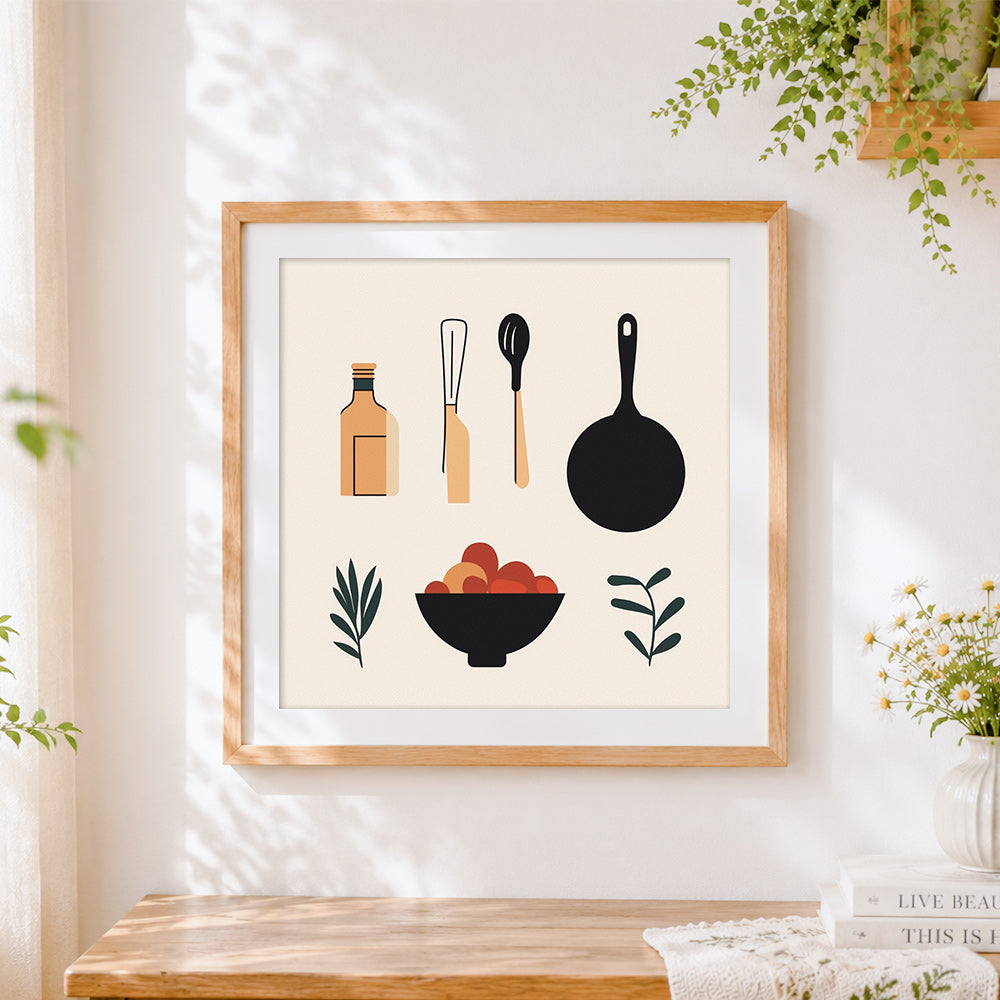 Finished minimalist kitchen utensils set cross stitch artwork displayed