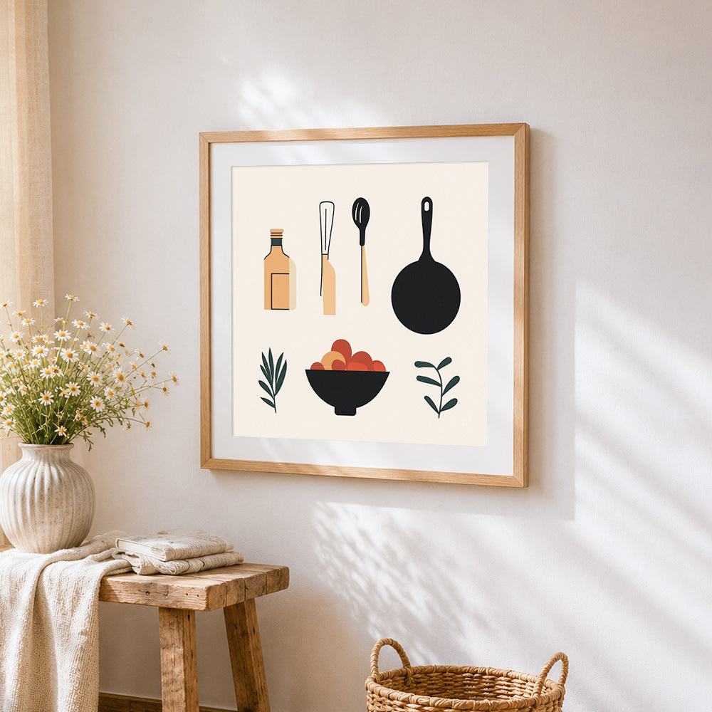 Minimalist kitchen utensils set cross stitch artwork displayed on wall as home decor