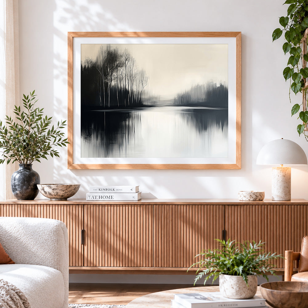 Finished minimalist misty lake and trees paint by numbers artwork displayed as home decor