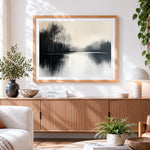 Finished minimalist misty lake and trees paint by numbers artwork displayed as home decor