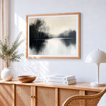 Minimalist misty lake and trees paint by numbers artwork displayed on wall as home decor