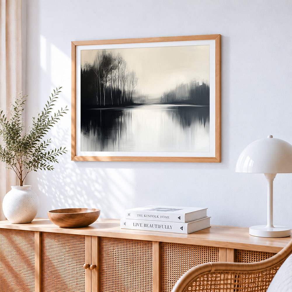Minimalist misty lake and trees paint by numbers artwork displayed on wall as home decor