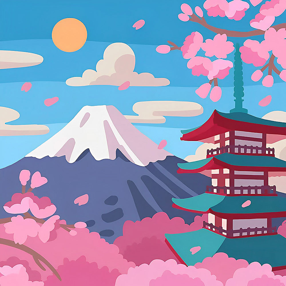 Minimalist mount fuji and pagoda cross stitch kit for beginners