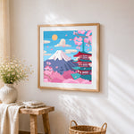Minimalist mount fuji and pagoda cross stitch artwork displayed on wall as home decor