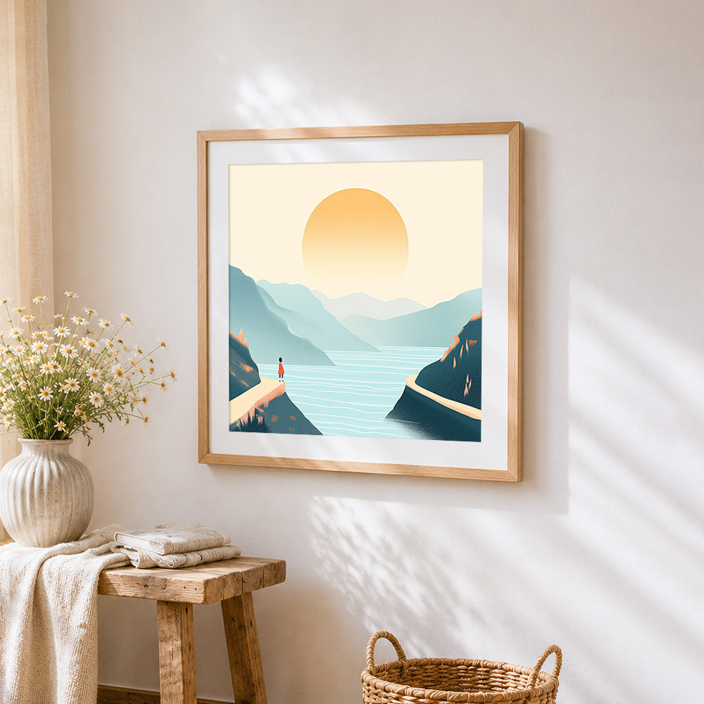 Minimalist mountains at sunrise cross stitch artwork displayed on wall as home decor