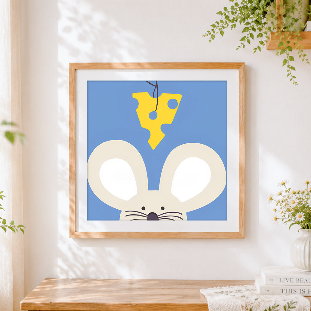 Finished minimalist mouse and cheese cross stitch artwork displayed