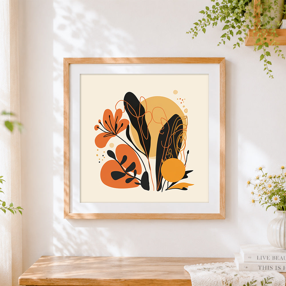 Finished minimalist neutral leaves and berries cross stitch artwork displayed