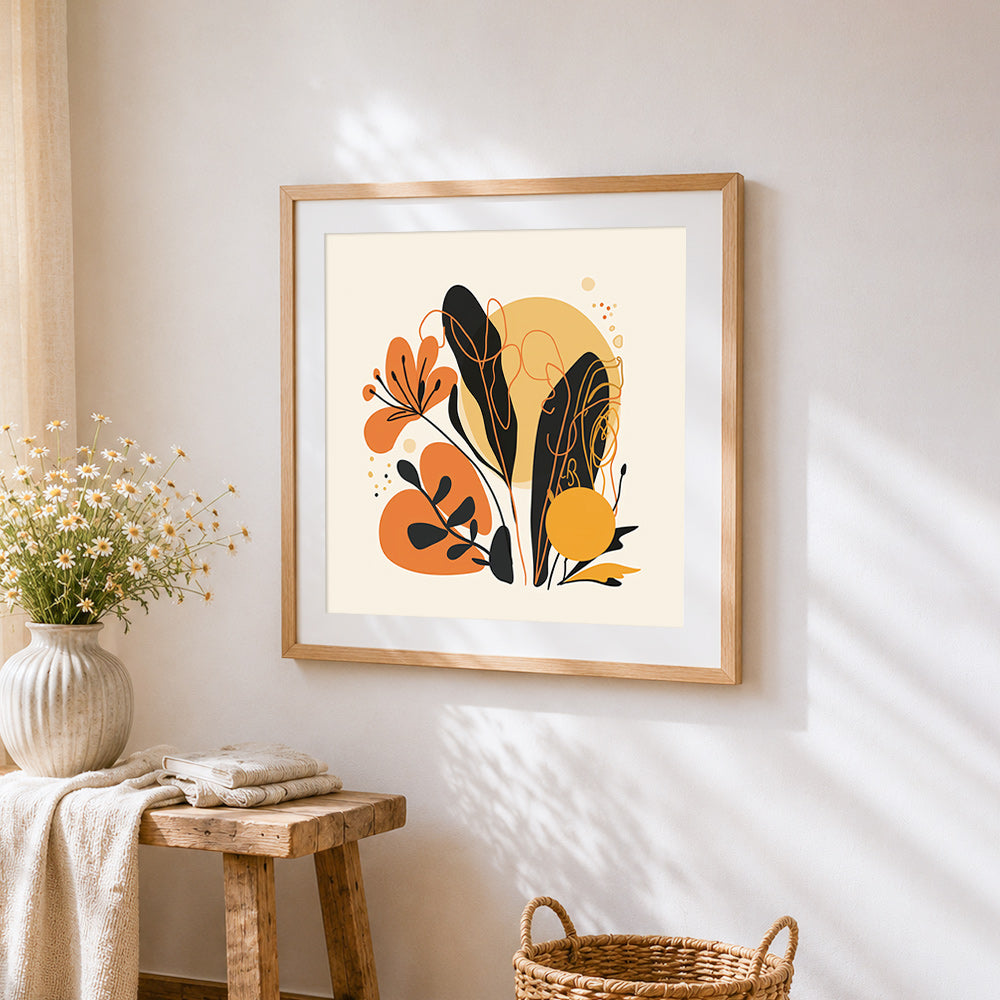 Minimalist neutral leaves and berries cross stitch artwork displayed on wall as home decor