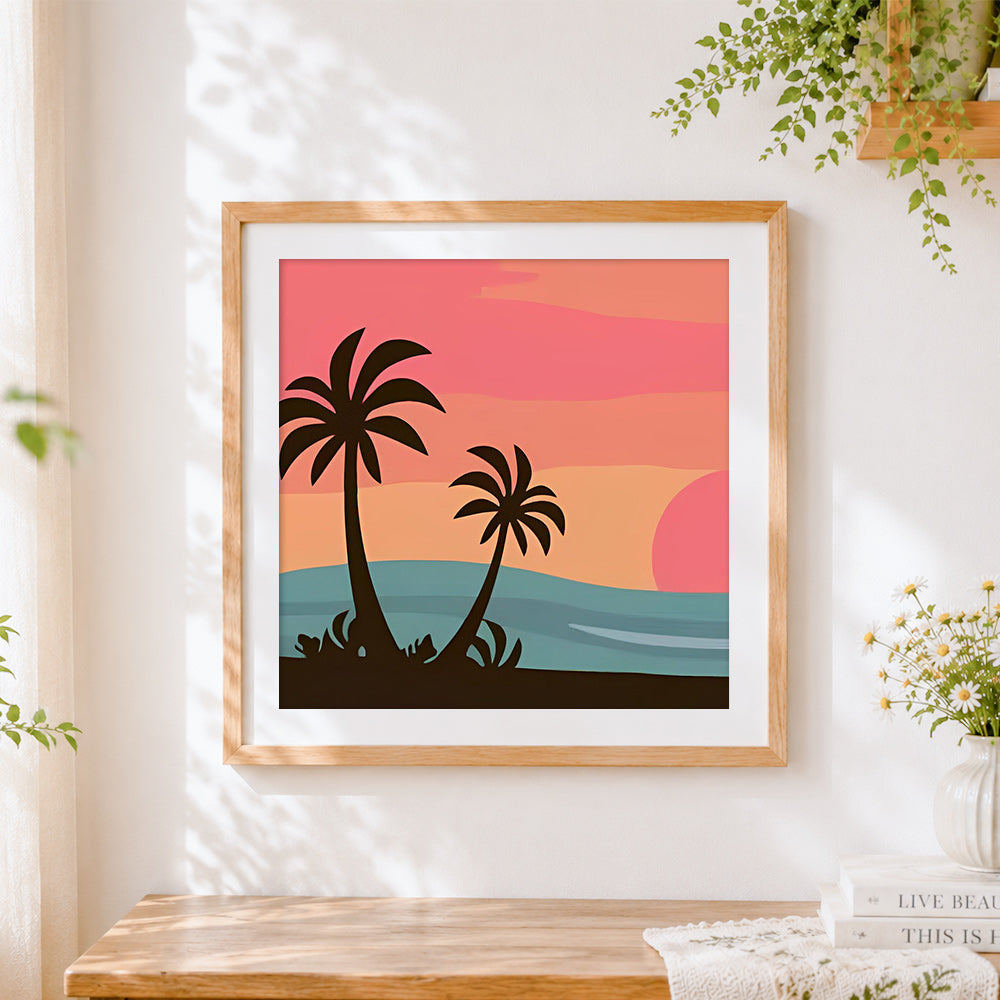 Finished minimalist palm tree sunset cross stitch artwork displayed