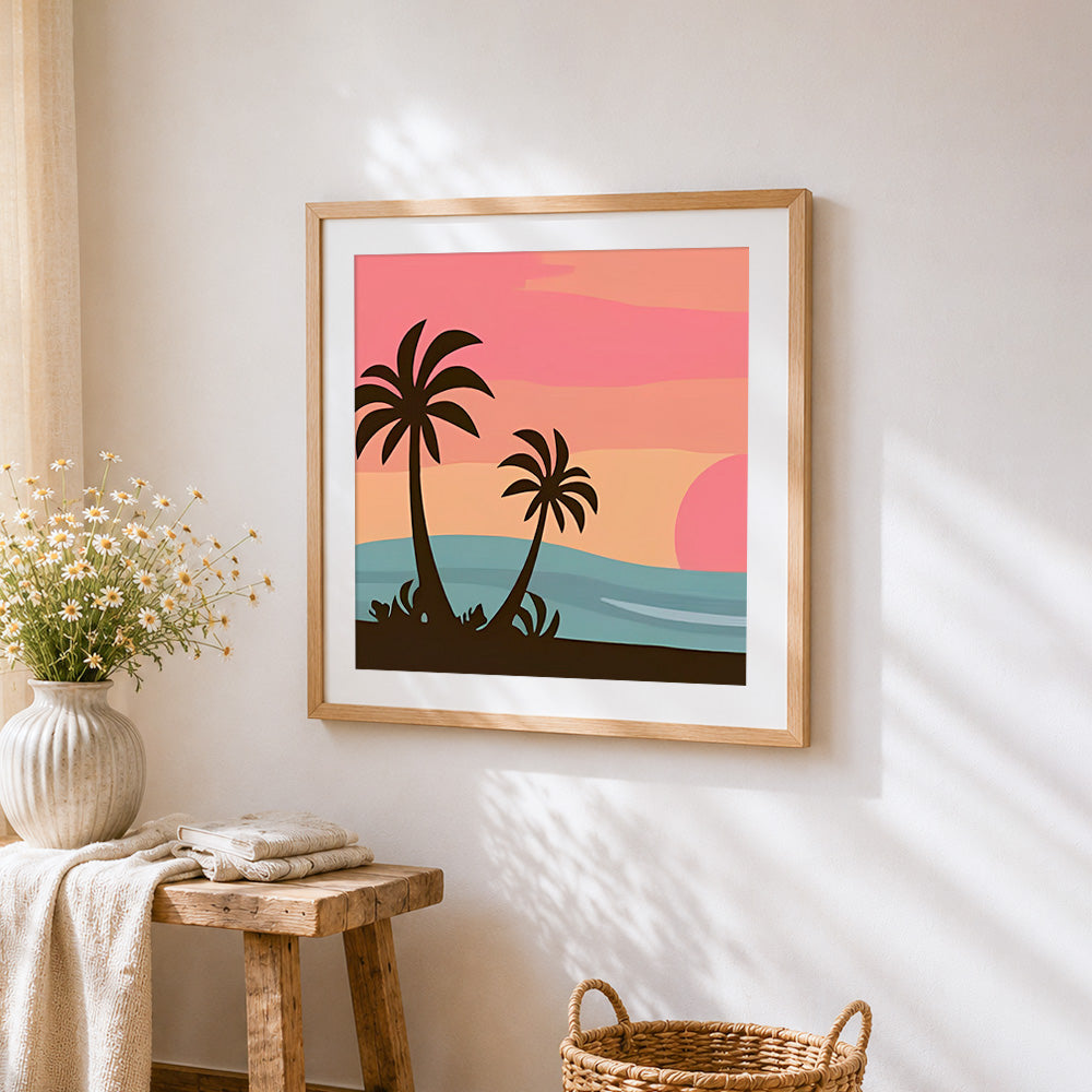 Minimalist palm tree sunset cross stitch artwork displayed on wall as home decor