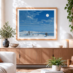 Finished minimalist snowy fields cross stitch artwork displayed