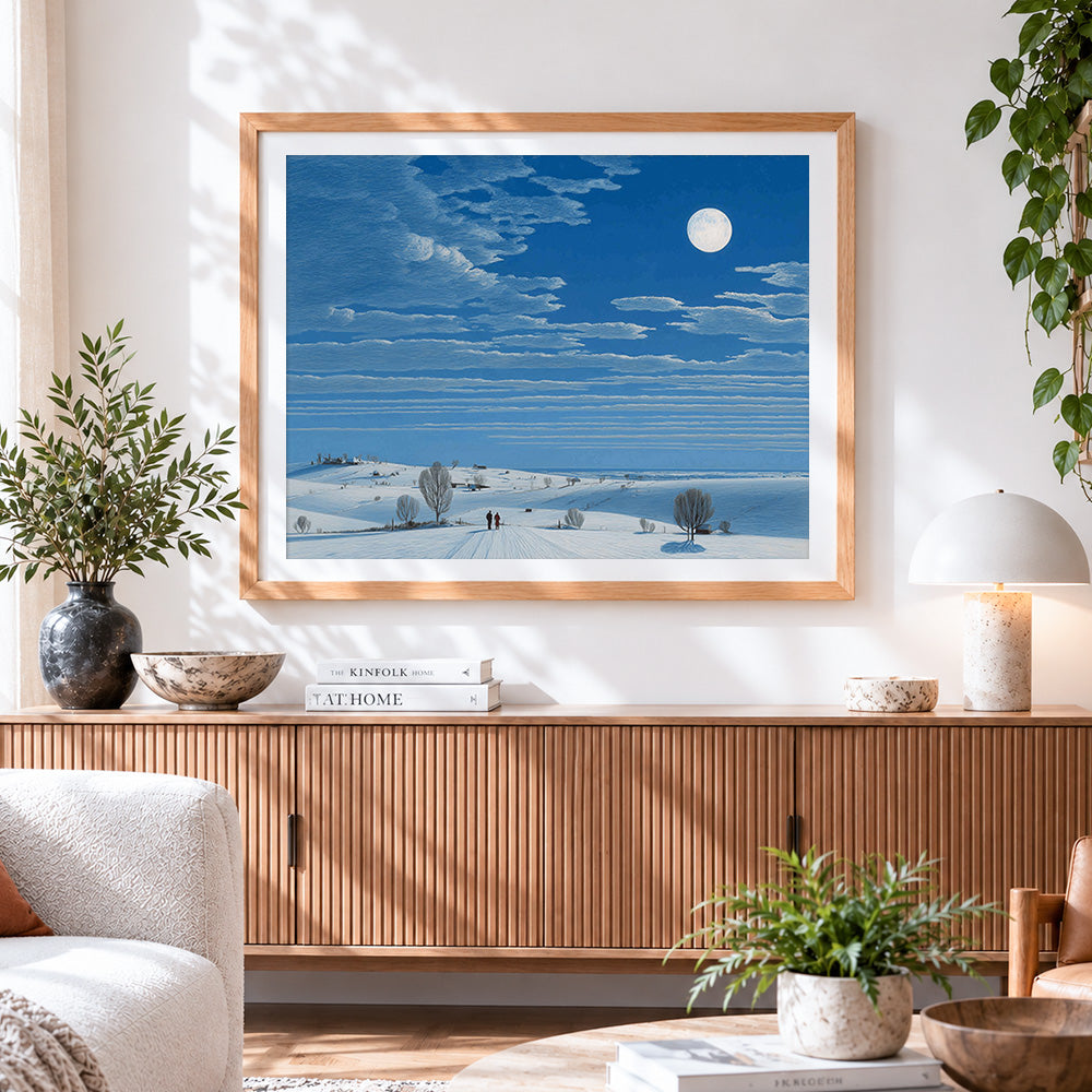Finished minimalist snowy fields cross stitch artwork displayed
