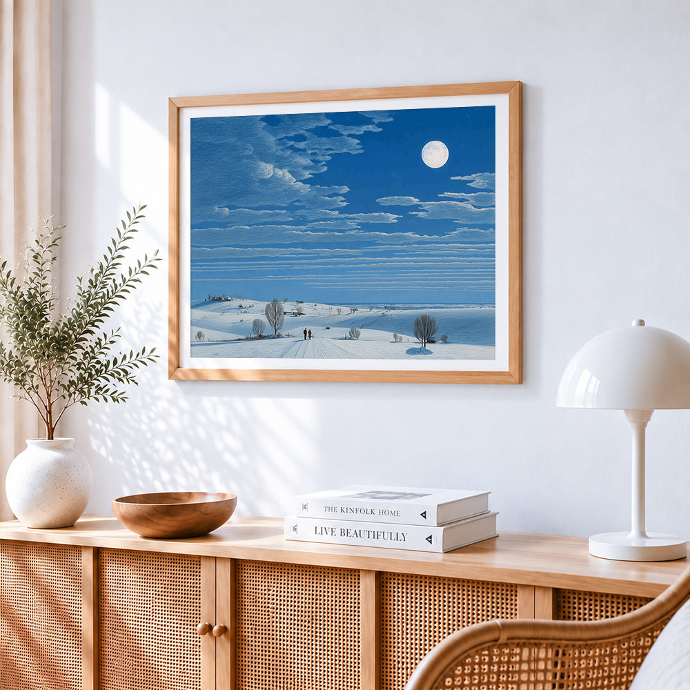 Minimalist snowy fields cross stitch artwork displayed on wall as home decor