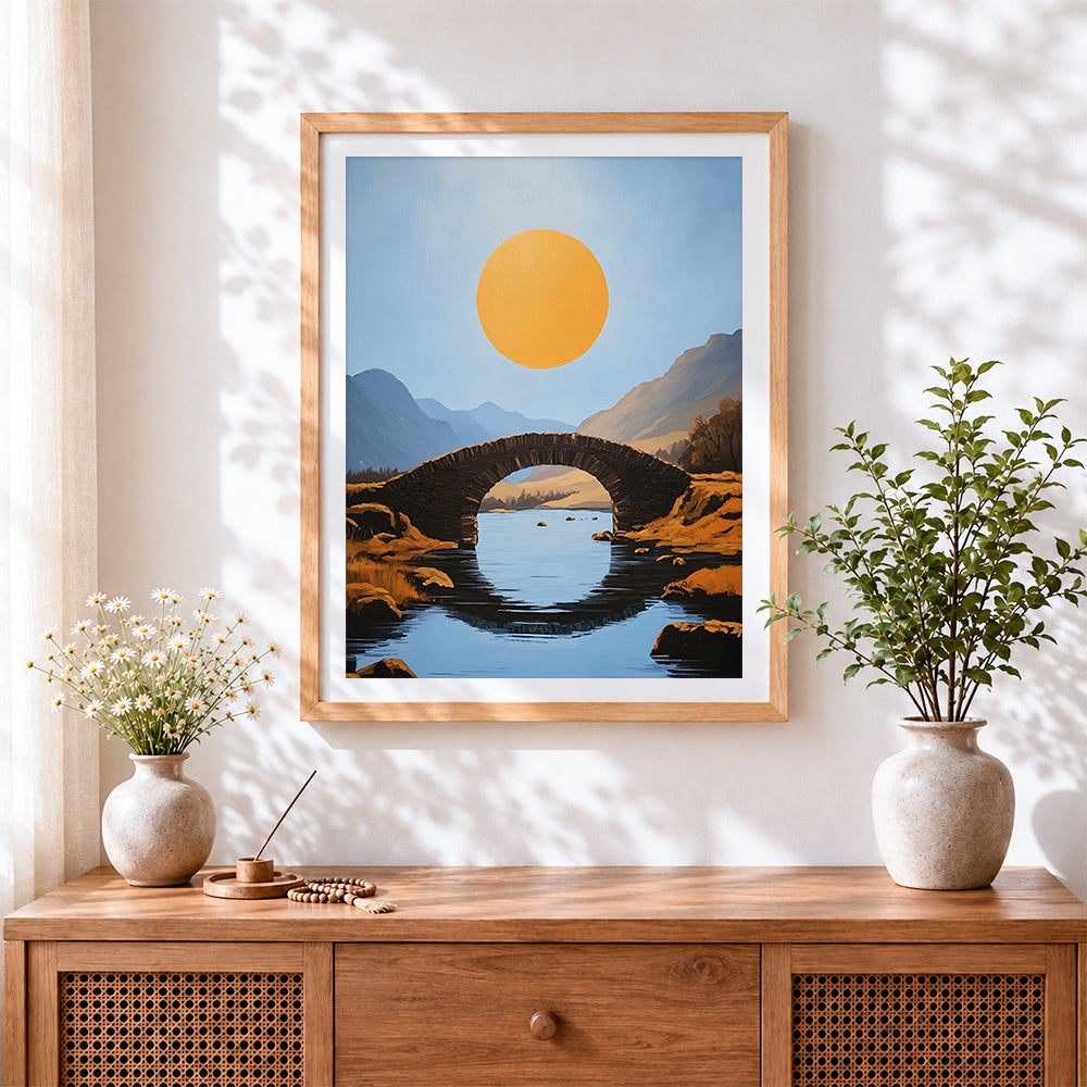 Finished minimalist stone bridge and golden sun cross stitch artwork displayed