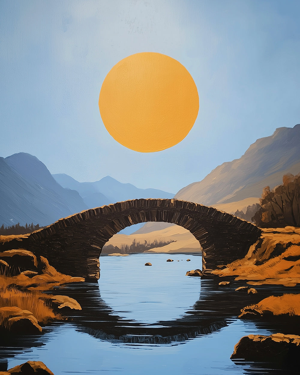 Minimalist stone bridge and golden sun cross stitch kit for beginners