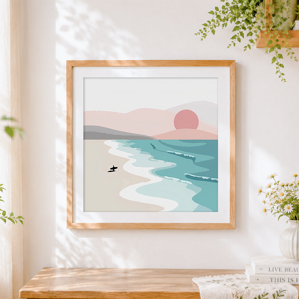Finished minimalist surfer beach cross stitch artwork displayed